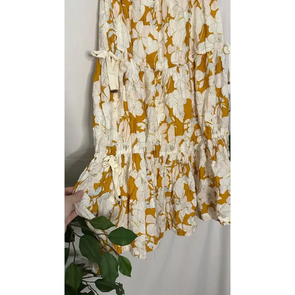 Mon Renn Magnolia Floral Tiered Midi Skirt Yellow Cream Size XS